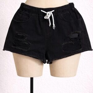 Women's Distressed Black Denim Shorts w/Drawstring Waist - Size Large